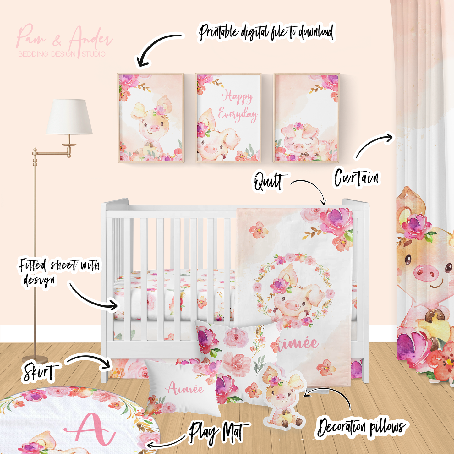 Floral Pig Girl Crib Bedding Set