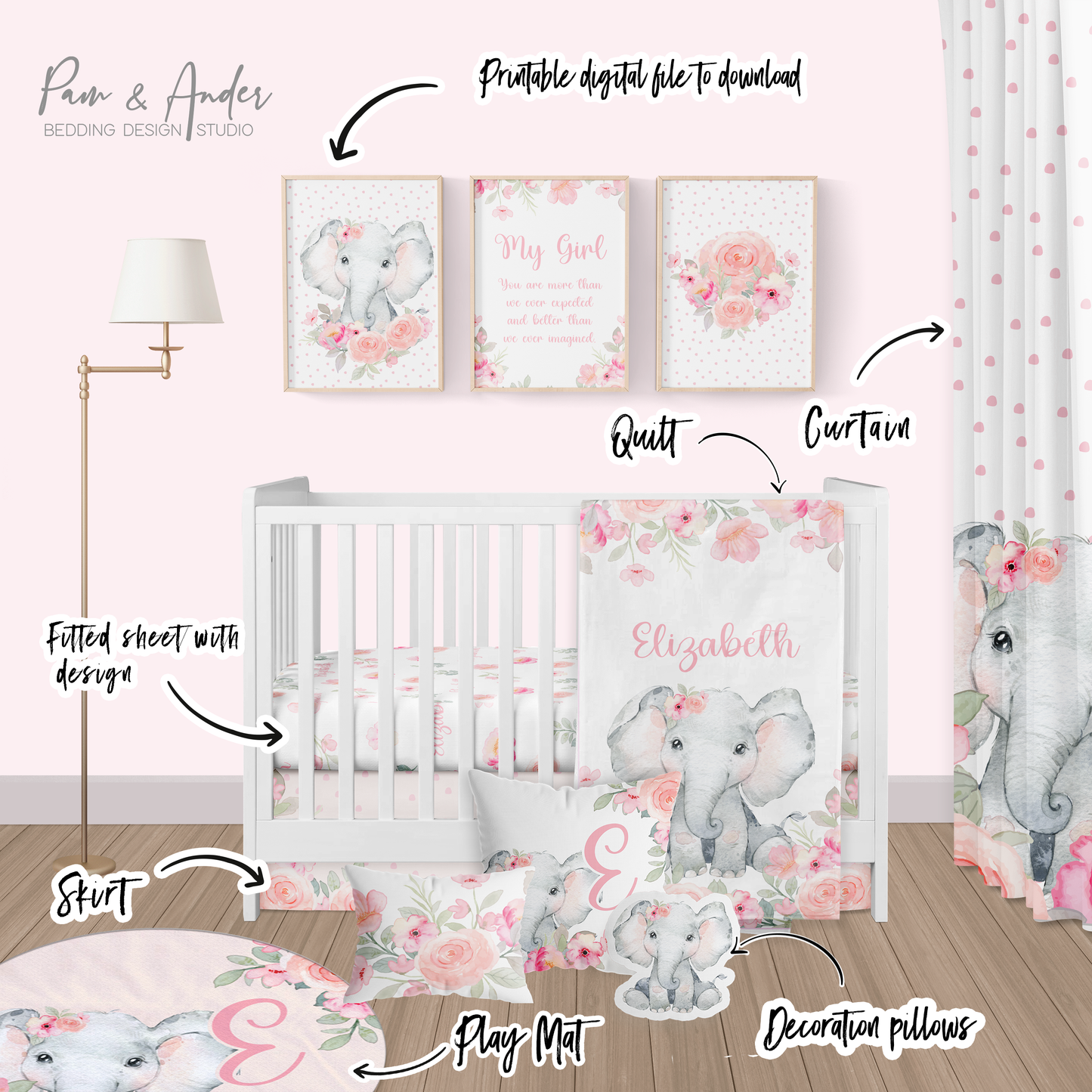 Floral Elephant Crib bedding set