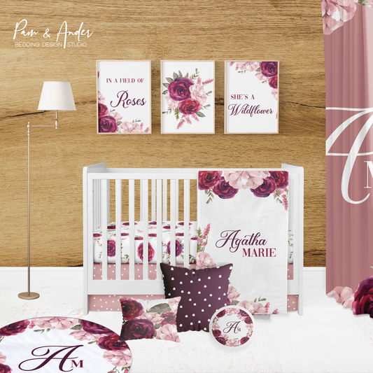 Burgundy Floral Crib bedding set