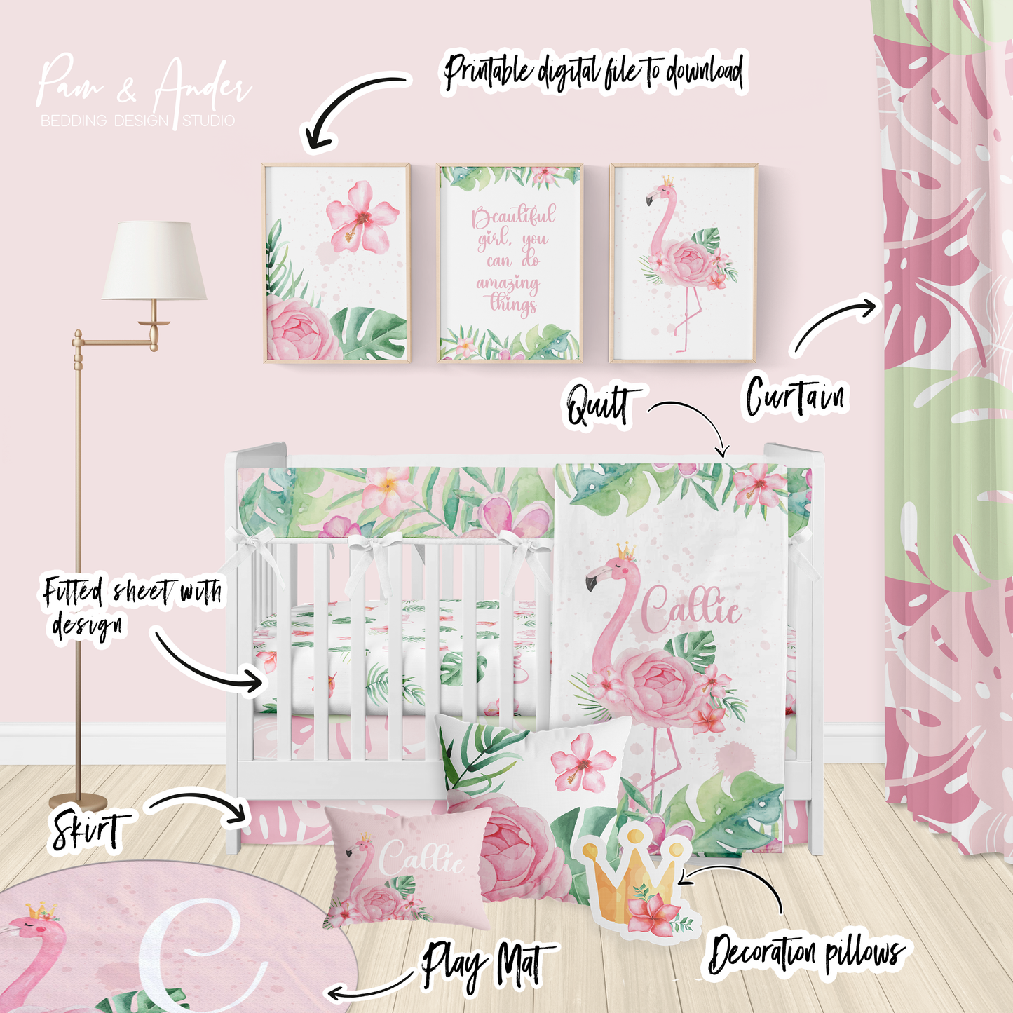 Flamingo Girl Crib bedding set