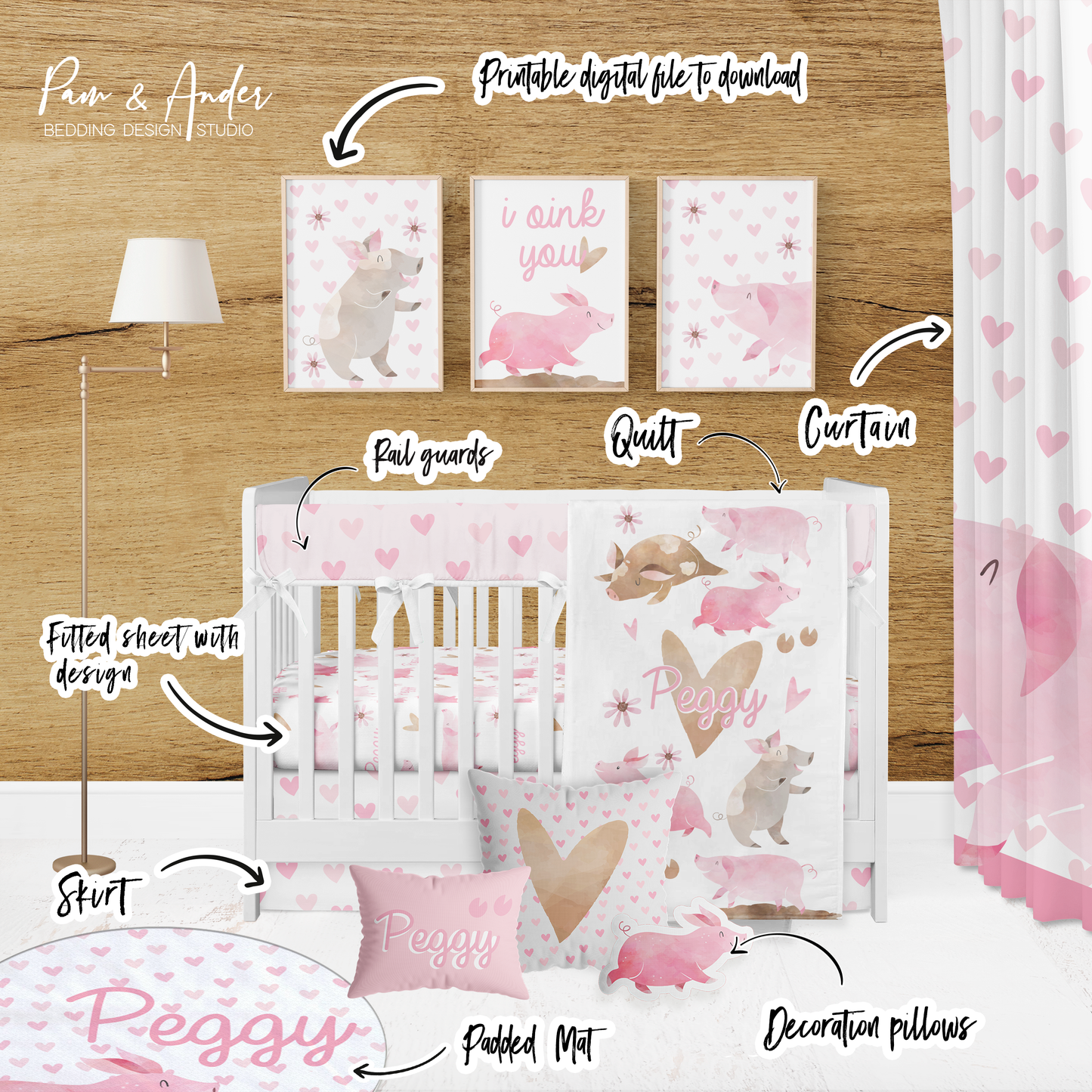 Heart Pig Crib Bedding Set