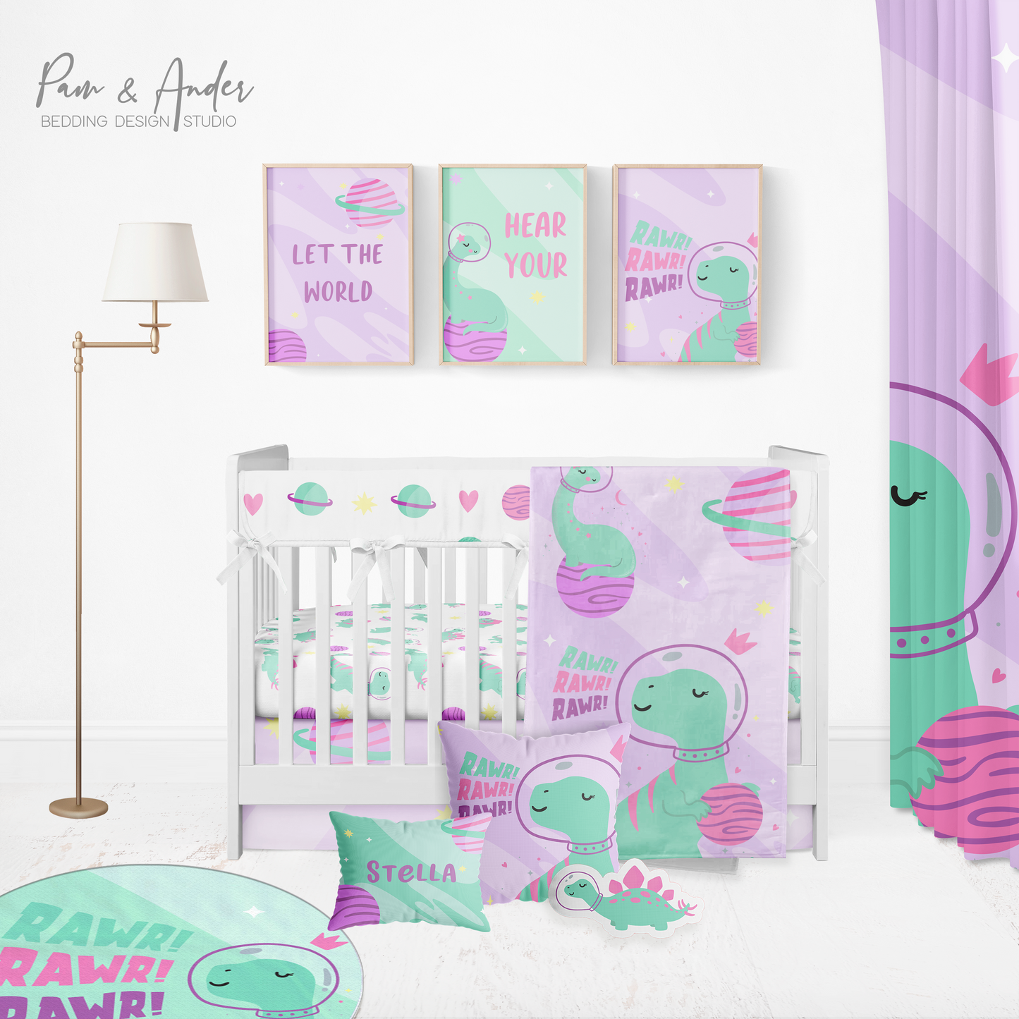 Space Dino Girl Crib Bedding Set