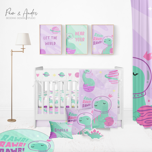 Space Dino Girl Crib Bedding Set