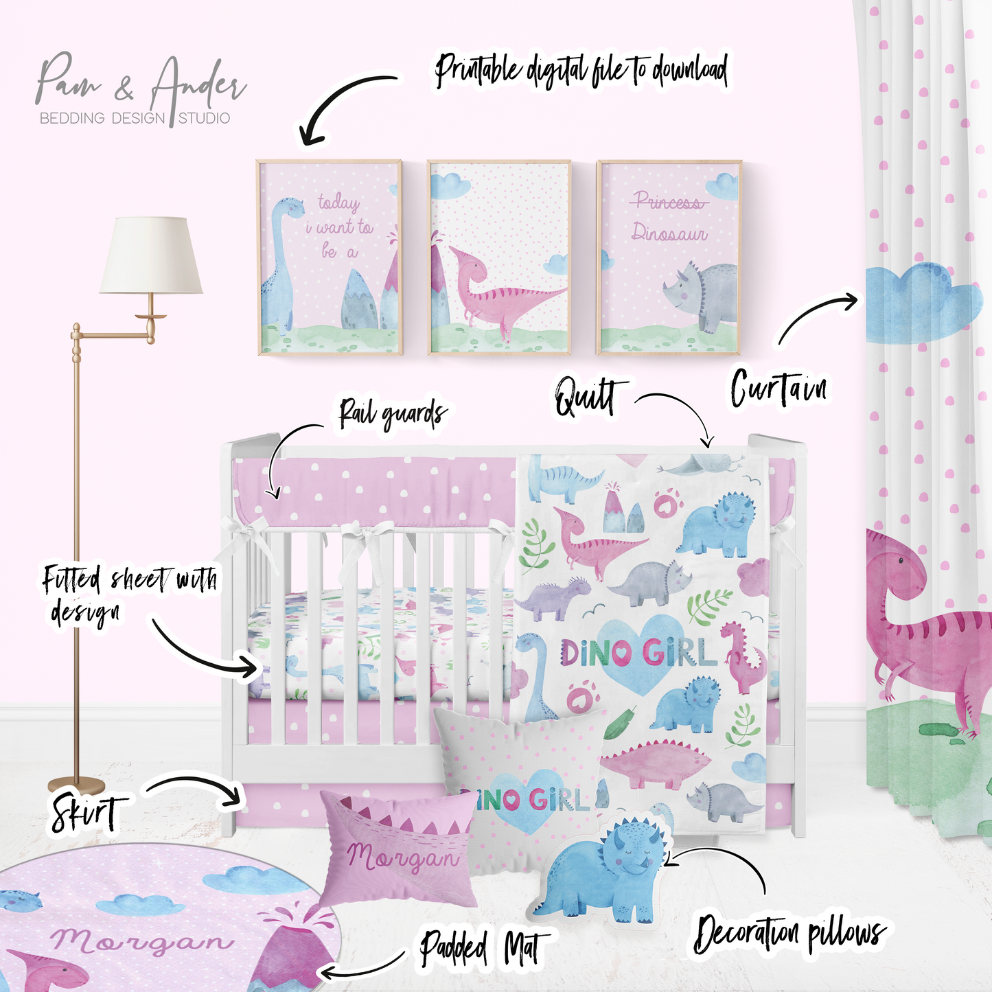 Pink Dinosaur Crib Bedding Set