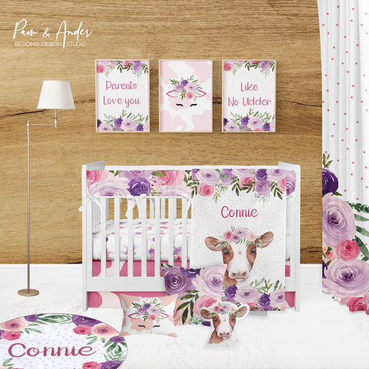 Cow and flowers crib bedding set