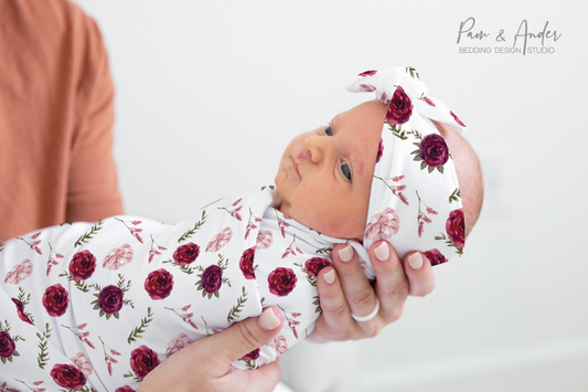 Burgundy Floral Baby Girl Swaddle Set