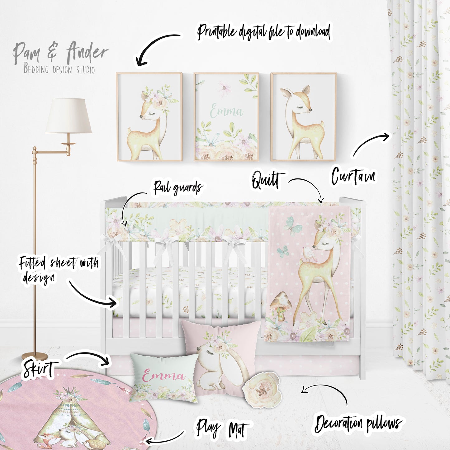 Woodland Animals and Flowers Baby Nursery set for girl