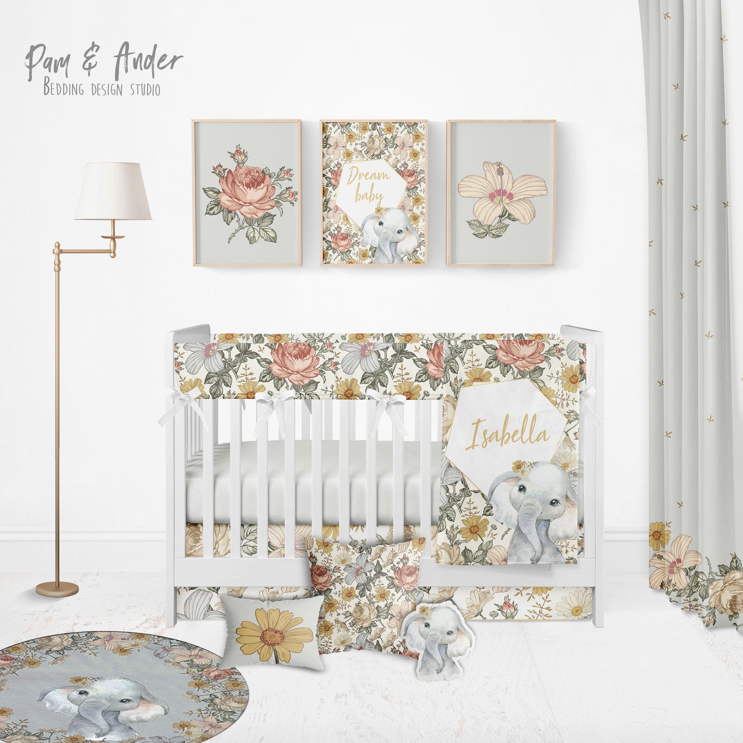 Elephant and vintage Flowers Crib Bedding Set