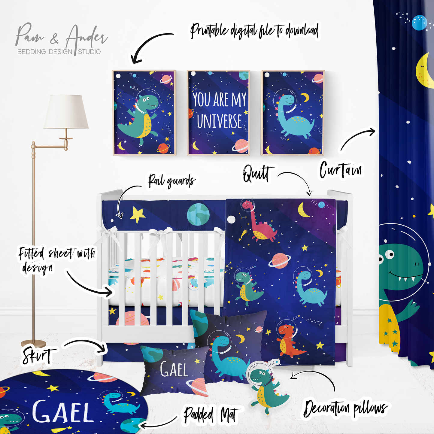 Space Dinosaur Crib Bedding Set