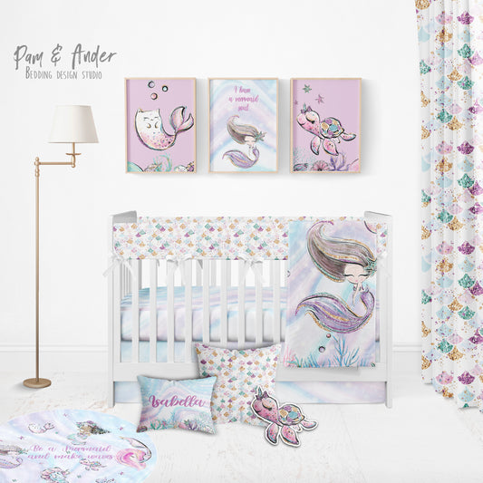 Mermaid and glitter Crib Bedding Set