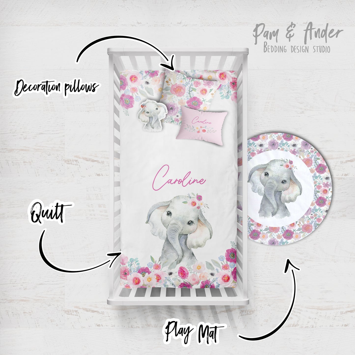 Elephant pink Crib Bedding Set