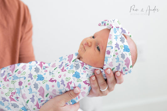 Watercolor Dino Baby Girl Swaddle Set