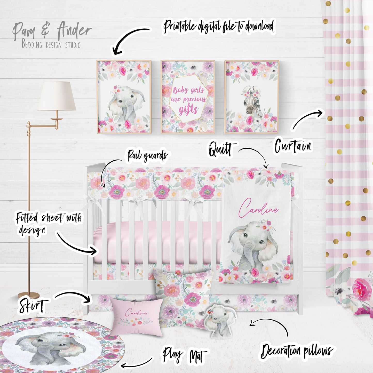 Elephant pink Crib Bedding Set