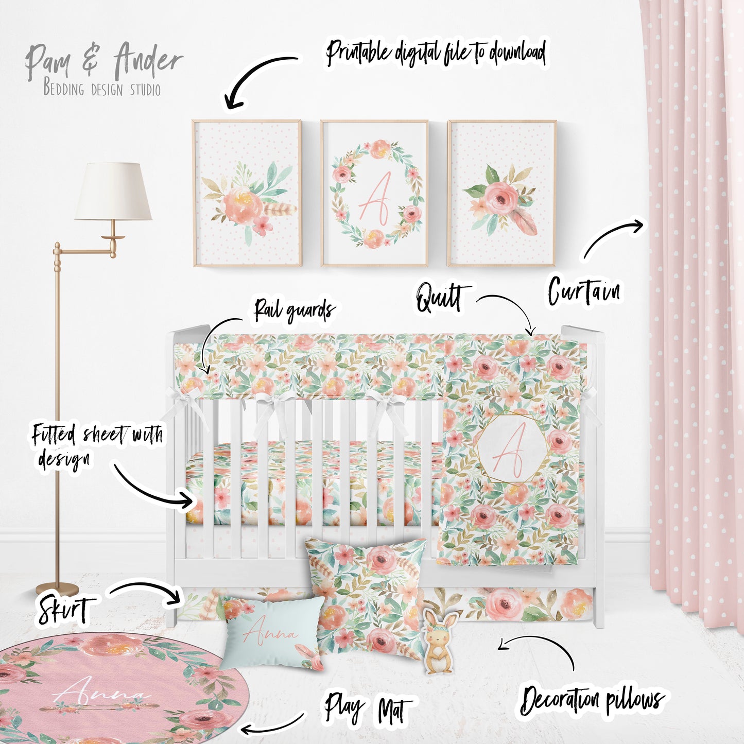 Floral Crib Pink Bedding Set